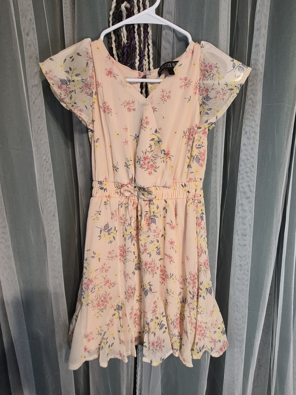 Trixxi Peach Floral Ruffle-Sleeve Dress